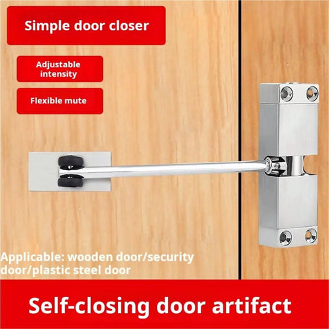 Automatic Door Closer For 20-40 Kg Doors, Adjustable Spring Closing Device displayed on wood door.