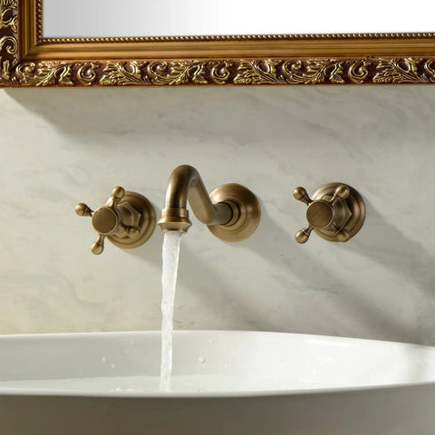 Antique Brass Bathroom Sink Faucet Set With Ceramic Disc Valve, Widespread Design, water flowing from faucet with two cross handles