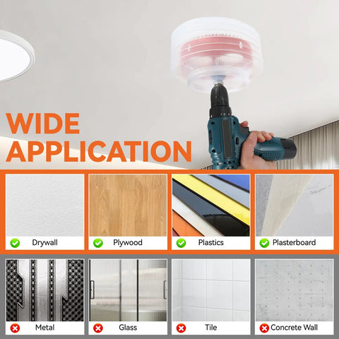 6-1/8 Inch Bi-Metal Hole Saw Kit For Recessed LED Lights With Dust Bowl Catcher in use on ceiling surfaces