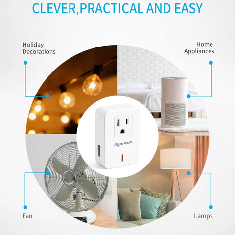 Wireless Remote Control Outlet For Home Appliances With Compact Wall Socket Design and application examples such as lamps and fans.