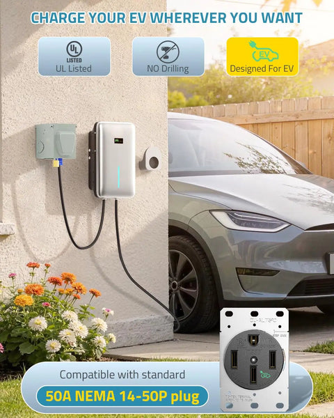Heavy Duty Nema 14-50R EV Charging Outlet Box with Copper Contacts and Solid Brass Terminals mounted on a wall.