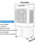 Portable Evaporative Swamp Cooler With Massive Water Tank And Four Ice Packs For Instant Frosty Relief Three Fast Fan Speeds dimensions and features detailed.