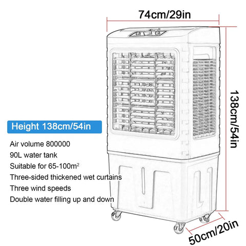 Portable Evaporative Swamp Cooler With Massive Water Tank And Four Ice Packs For Instant Frosty Relief Three Fast Fan Speeds dimensions and features detailed.