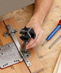 Cabinet Door Mounting Jig With Precision Hinge Locator 8x8.5x1.5cm Adjustable Hinge Drilling Positioner And Door Hardware Installation Tool for quick no fuss home renovation and DIY projects on wooden cabinet door.