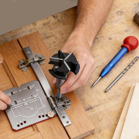 Cabinet Door Mounting Jig With Precision Hinge Locator 8x8.5x1.5cm Adjustable Hinge Drilling Positioner And Door Hardware Installation Tool for quick no fuss home renovation and DIY projects on wooden cabinet door.