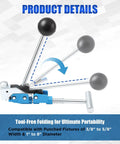 Tough Center Punch Bander Tool showing tool-free folding feature, compatible with 3/8 to 5/8 inch fixtures, and 1 to 8 inch diameter.