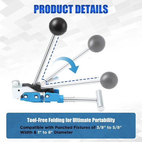Tough Center Punch Bander Tool showing tool-free folding feature, compatible with 3/8 to 5/8 inch fixtures, and 1 to 8 inch diameter.