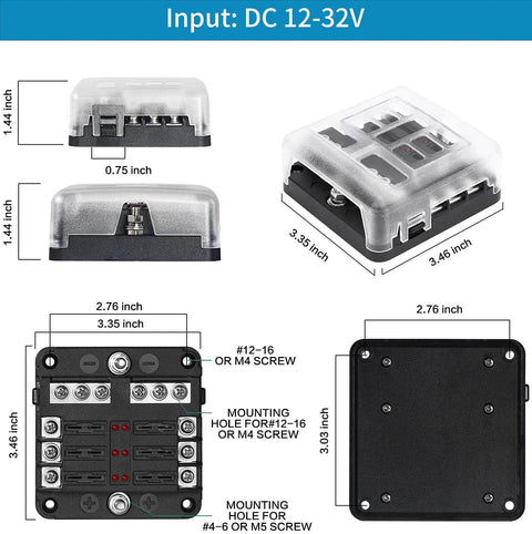 Six Way Fuse Block for 12V and 24V Vehicles with Six Circuit ATC ATO Waterproof Fuse Box Holder LED Indicator and Weatherproof Cover