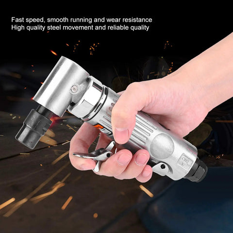 Badass Heavy Duty Pneumatic Angle Die Grinder Featuring 90 Degree Head 25000 RPM Slick Air Motor, held in hand for automotive tasks.