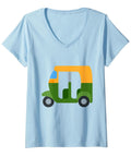 Fresh And Totally Dope Auto Rickshaw Costume V Neck T Shirt For Women Men Teens And Kids Lightweight Black Classic Fit Graphic Tee with auto rickshaw graphic on light blue fabric.