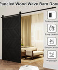 Sliding Barn Door 30x84 Inches Black With Modern Paneled Wave Design, installed in a living room, waterproof PVC surface.