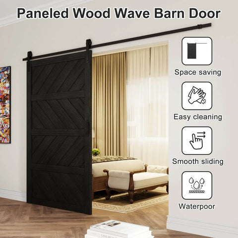 Sliding Barn Door 30x84 Inches Black With Modern Paneled Wave Design, installed in a living room, waterproof PVC surface.