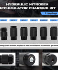 Hydraulic Nitrogen Accumulator Charging Kit with 7 black couplings for gas valve adapters shown in detail.