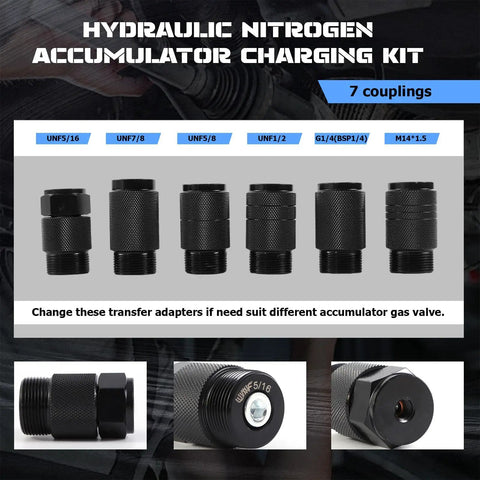 Hydraulic Nitrogen Accumulator Charging Kit with 7 black couplings for gas valve adapters shown in detail.