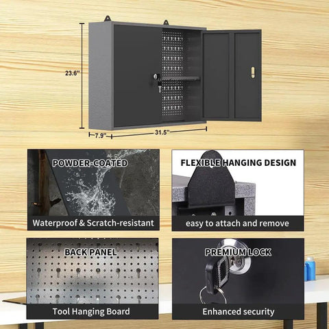 Metal Wall Cabinet With Lockable Door For Garage Or Basement Black And Grey Pegboard Interior With Detachable Shelves For Flexible Tool Storage And Organization, Durable Powder Coated Finish, Sturdy Metal Construction