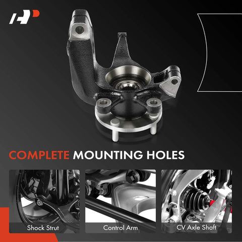 Front Right Steering Knuckle And Wheel Bearing Hub Assembly For Ford Focus 2006 2007 2008 2009 2010 2011 Passenger Side Drop In Replacement Front Suspension Fits 2011 With Four Bolt Wheels shown with complete mounting holes.