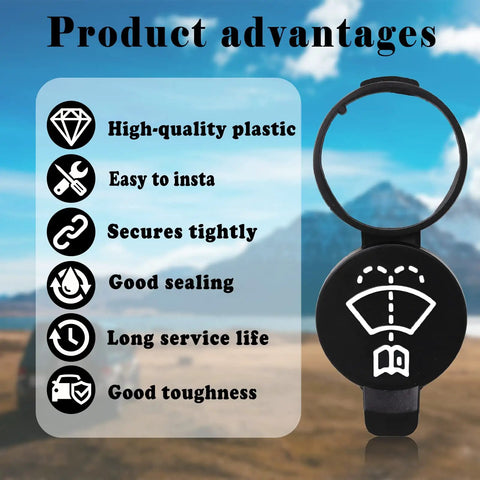 Windshield Washer Fluid Reservoir Cap Replacement For GMC Chevrolet Cadillac Buick Fits 13227300 12788573 12767700 19172571 Premium Plastic Leakproof Easy Install Prevents Overflow OEM Grade Quality with listed product advantages like high-quality plastic and good sealing on scenic background.