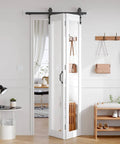 Double Bifold Barn Doors With Mirror For Closet 16x84 Inches White Finish installed in a modern room, space-saving and stylish.