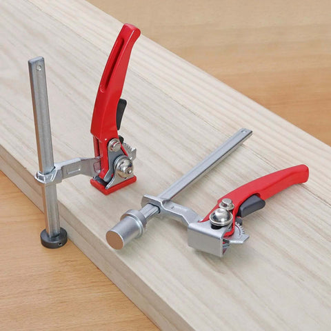 Heavy Duty Bench Clamp With Ratchet Lock for rock solid workholding on a wooden board, fits 20mm base and 13.5x6.5mm dog holes