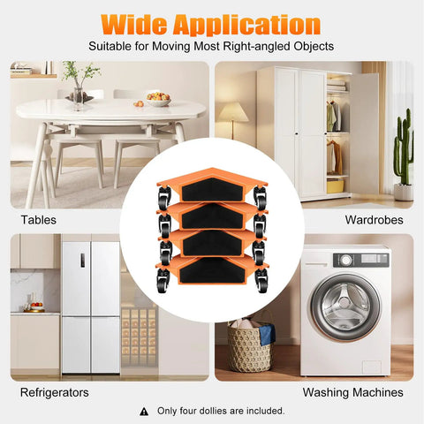 Heavy Duty Furniture Mover Dolly Set Of 4 arranged for moving tables, wardrobes, refrigerators, and washing machines.