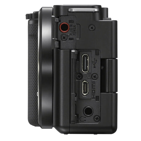Side view of ZV-E10 Mirrorless Camera Kit With 16-50mm Lens, 128GB Extreme Speed Memory, 2x Lenses, Case, Tripod, Filters, Hood
