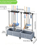 Mobile Broom And Mop Holder Freestanding Cleaning Cart Organizer On Wheels with capacity details and adjustable hooks