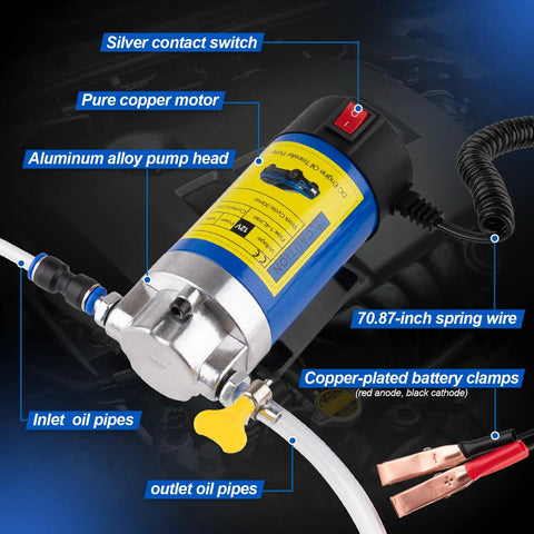 Heavy Duty 12V Electric Oil Extractor Pump, copper motor, aluminum alloy head, 70.87-inch wire, designed for fluid exchange.