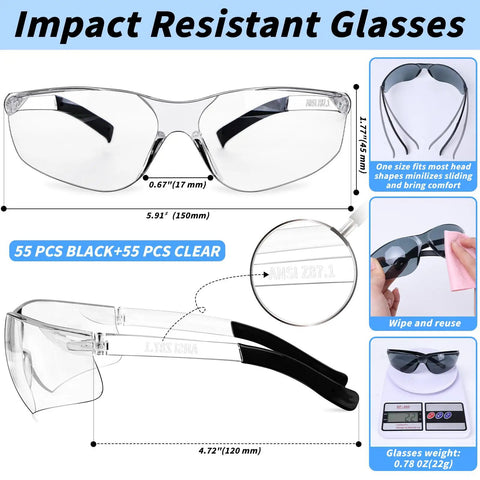 One Hundred Ten Pairs Bulk Safety Glasses Made For The Crew Featuring Ansi Z Eight Seven Point One Approval With Scratch Proof Clear Lenses, detailed view of impact-resistant design.