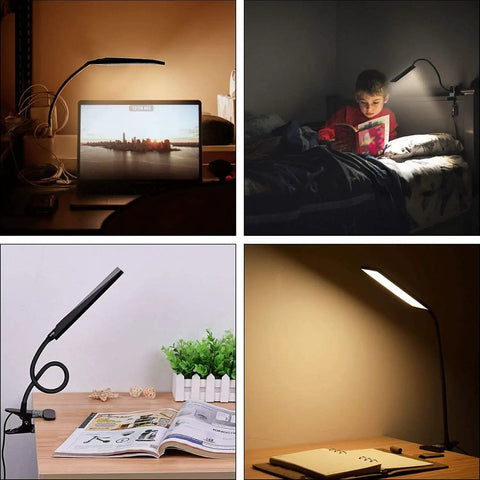 Clip On LED Desk Lamp With Eye Caring Light And Metal Clip 11 Brightness Levels And 3 Color Modes USB Powered 5W Reading Lamp