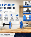 Rocksolid Wall Mount Bubble Wrap Dispenser Boasting Ridiculously Tough Galvanized Steel Build Heavy Duty Cushioning Film Holder For Zero Hassle Warehouse Packing Stations, showcasing blue support discs and easy adjust knobs.