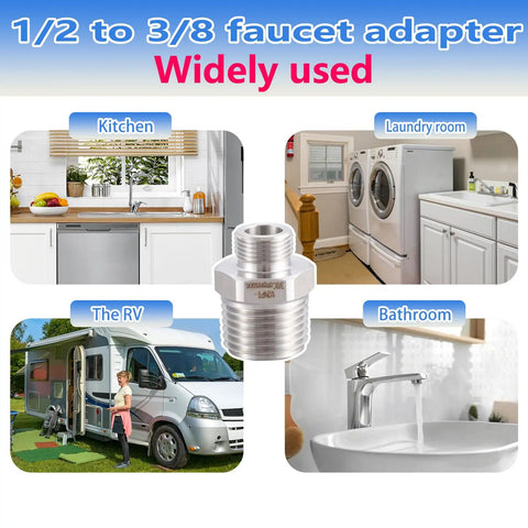 Lead-Free RV Faucet Adapter 1/2 to 3/8 Reducer for No-Fuss Faucet Hookups set with usage examples in kitchen, bathroom, laundry, RV