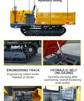 Heavy Duty Mini Crawler Dumper Workhorse With Kickass Hydraulic Dump Bed And Grippy Steel Tracks For Smoother Job Site Hauling And Zero Sweat Load Transfers side view showing joystick, cab, and hydraulic features.