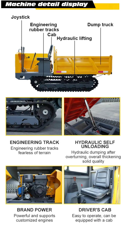 Heavy Duty Mini Crawler Dumper Workhorse With Kickass Hydraulic Dump Bed And Grippy Steel Tracks For Smoother Job Site Hauling And Zero Sweat Load Transfers side view showing joystick, cab, and hydraulic features.