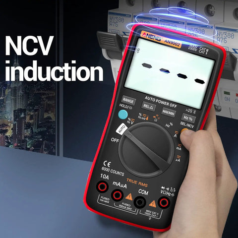 Bluetooth Digital Multimeter With Auto Range TRMS 6000 Counts displaying NCV induction feature in hand view.