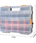 Built Tough 34 Compartments Toolbox Organizer Set With 20 Removable Dividers For Screws Nuts And Small Parts Clear Lid Black And Orange Plastic Case Large 15 Inch Long By 11.6 Inch Wide By 2.6 Inch Deep Two Piece Set