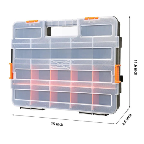 Interlocking Tool Box Organizer Set for Fasteners, Hardware, and Crafts, 15x11.6x2.6 inch, heavy duty plastic, front view