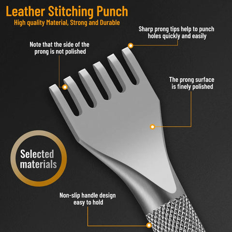 Close-up of leather punch tool showing 6 prongs and anti-slip handle, part of Leather Punch Set With 1/2/4/6 Prongs For Belts And Crafting.