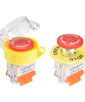 22mm Mounting Latching Emergency Stop Push Button Switch With Red Housing And Yellow Protective Cover, 2NC Contacts, Push To Stop And Lock, Twist To Reset, 250V, 10A, Heavy-Duty Industrial Control Button For Panels And Machinery