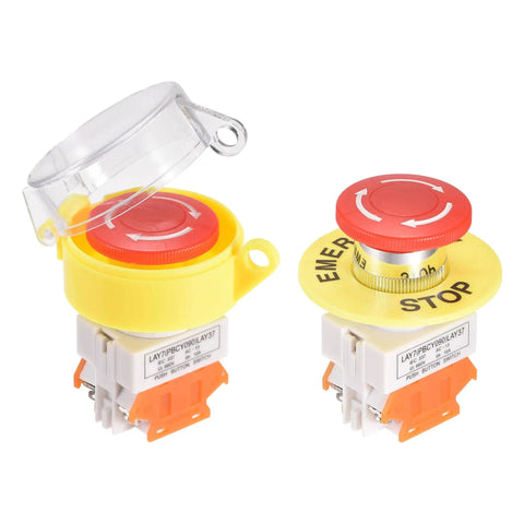 22mm Mounting Latching Emergency Stop Push Button Switch With Red Housing And Yellow Protective Cover, 2NC Contacts, Push To Stop And Lock, Twist To Reset, 250V, 10A, Heavy-Duty Industrial Control Button For Panels And Machinery