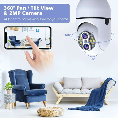 Wireless Light Bulb Security Camera 2MP HD 360 Degree Outdoor View, WiFi 2.4G, Motion Detection display on smartphone