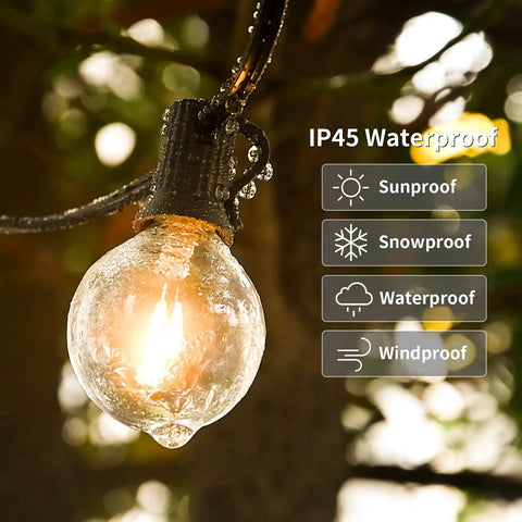 Close-up of 25 Ft Outdoor String Lights With 27 Dimmable G40 LED Bulbs, shatterproof, waterproof, showing warm glow in outdoor setting.