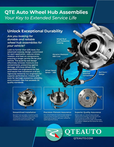 Front view of QTE Auto wheel hub assembly with ABS sensor, precise fitment assurance for Malibu 2016-2019 and Cadillac ATS 2018-2019.