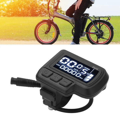 Six Pin LCD Ebike Display Panel for 24V 36V 48V 60V Electric Bikes on 22.2mm Handlebar showing speed, battery, distance data