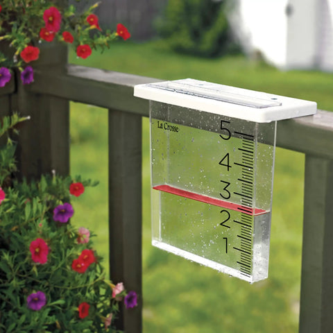 Easy Mount Waterfall Rain Gauge With Slide On Bracket Deck Or Fence Rail Compatible Backyard Rain Monitor Up To Six Inches Durable Plastic Frame Wide Waterfall Design Easy Install And Readout on fence