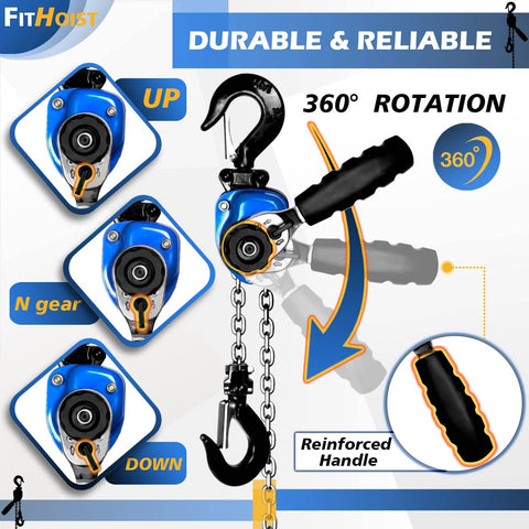 One Quarter Ton Chain Hoist Two Pack Set With 550 Lbs Capacity Each, showing parts and 360 rotation feature with reinforced handle