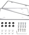 Two Pack Slim Stainless Steel License Plate Frames With Mirror Polish Finish, 4 Hole Design That Wont Block State Tags, Includes Chrome Screw Caps, Rust Resistant, Built Tough For Cars And Trucks; frames and accessories shown