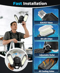 Man installing All Day Motion Activated Garage Light With 80W Power, Day And Night Sensing Ceiling LED, Adjustable Panels, E26/E27