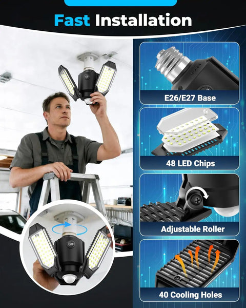 Man installing All Day Motion Activated Garage Light With 80W Power, Day And Night Sensing Ceiling LED, Adjustable Panels, E26/E27