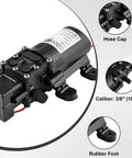 Heavy Duty 12 Volt Dc Diaphragm Water Pump With Hose Clamps For Rv Camper Marine And Utility Work, detailed view with hose cap and rubber foot.