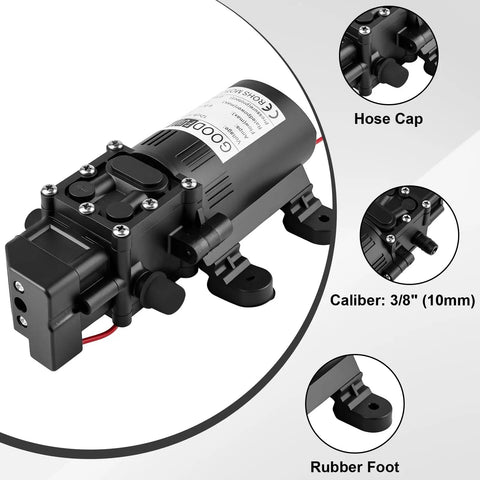 Heavy Duty 12 Volt Dc Diaphragm Water Pump With Hose Clamps For Rv Camper Marine And Utility Work, detailed view with hose cap and rubber foot.